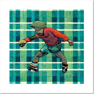 Colorful skater wearing skater clothes on a plaid background. Posters and Art